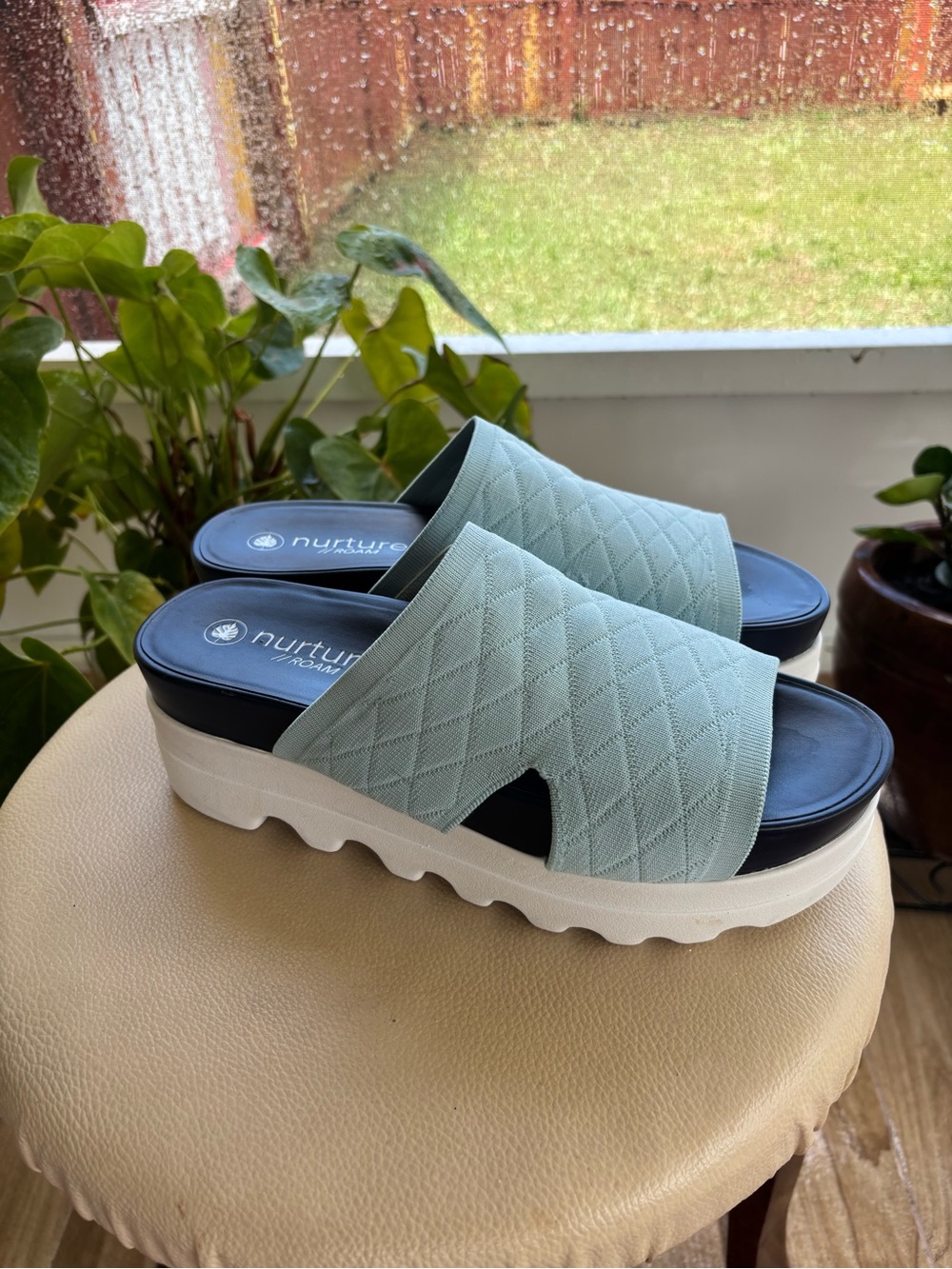 Nurture //roam Quilted Light light blue Slide Mules with Navy Footbed